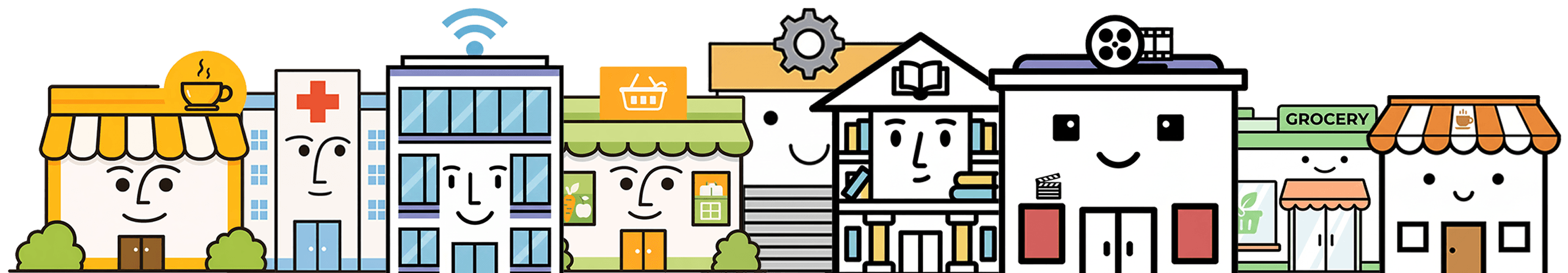 An editorial illustration of anthropomorphic buildings.